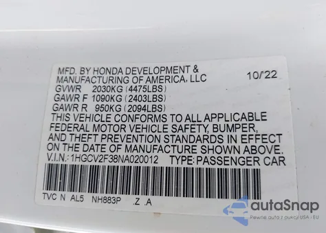 2022 Honda Accord Sport 2.0T from USA, damaged, VIN 1HGCV2F38NA020012
